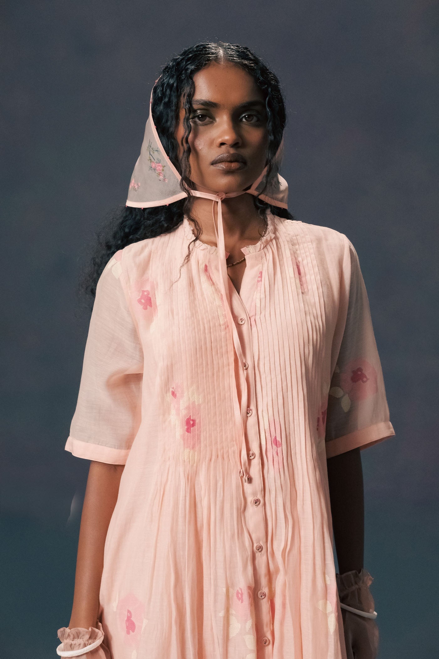Charming Old Rose Mul Chanderi Pleated Dress with Artistic Screen Print