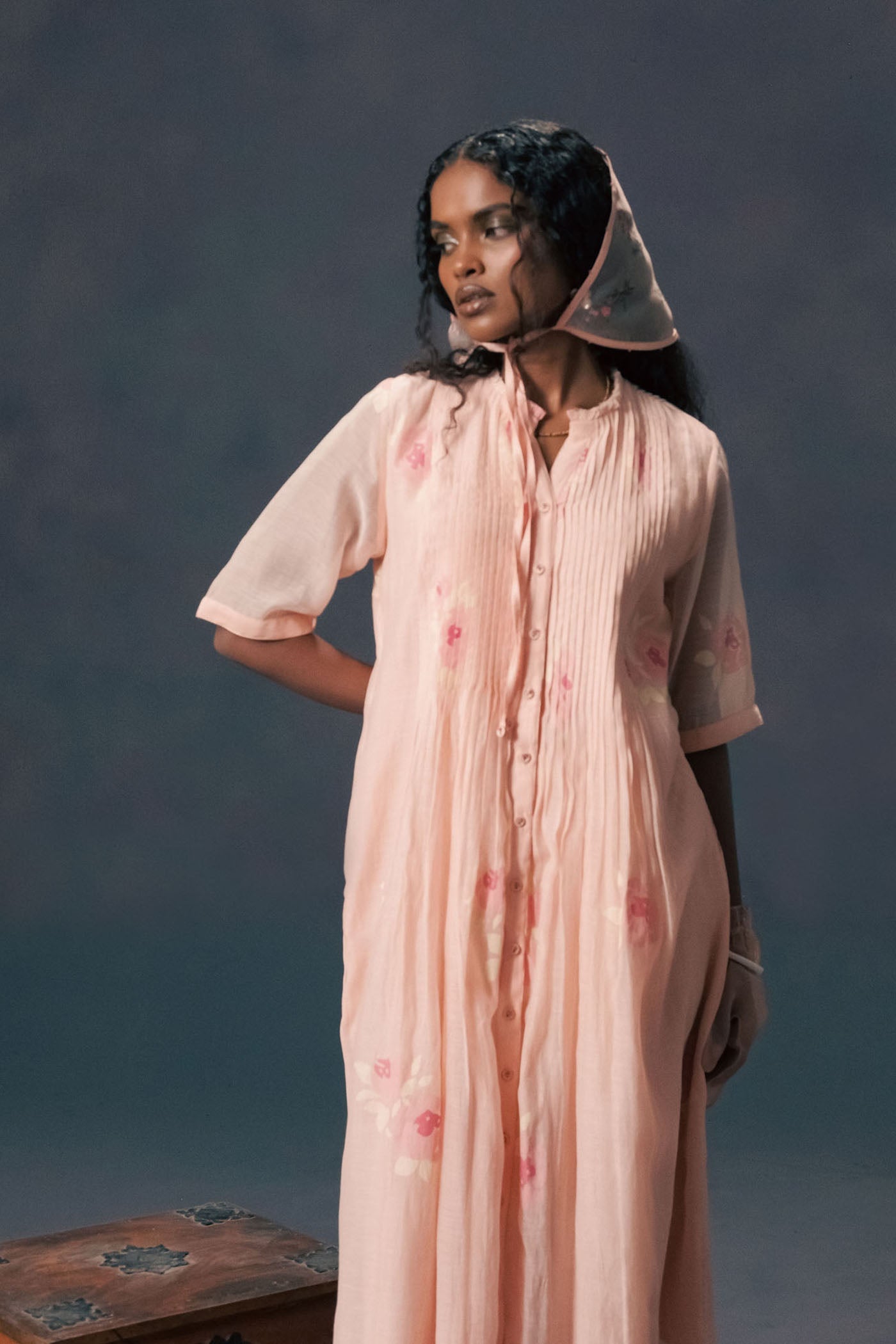 Charming Old Rose Mul Chanderi Pleated Dress with Artistic Screen Print