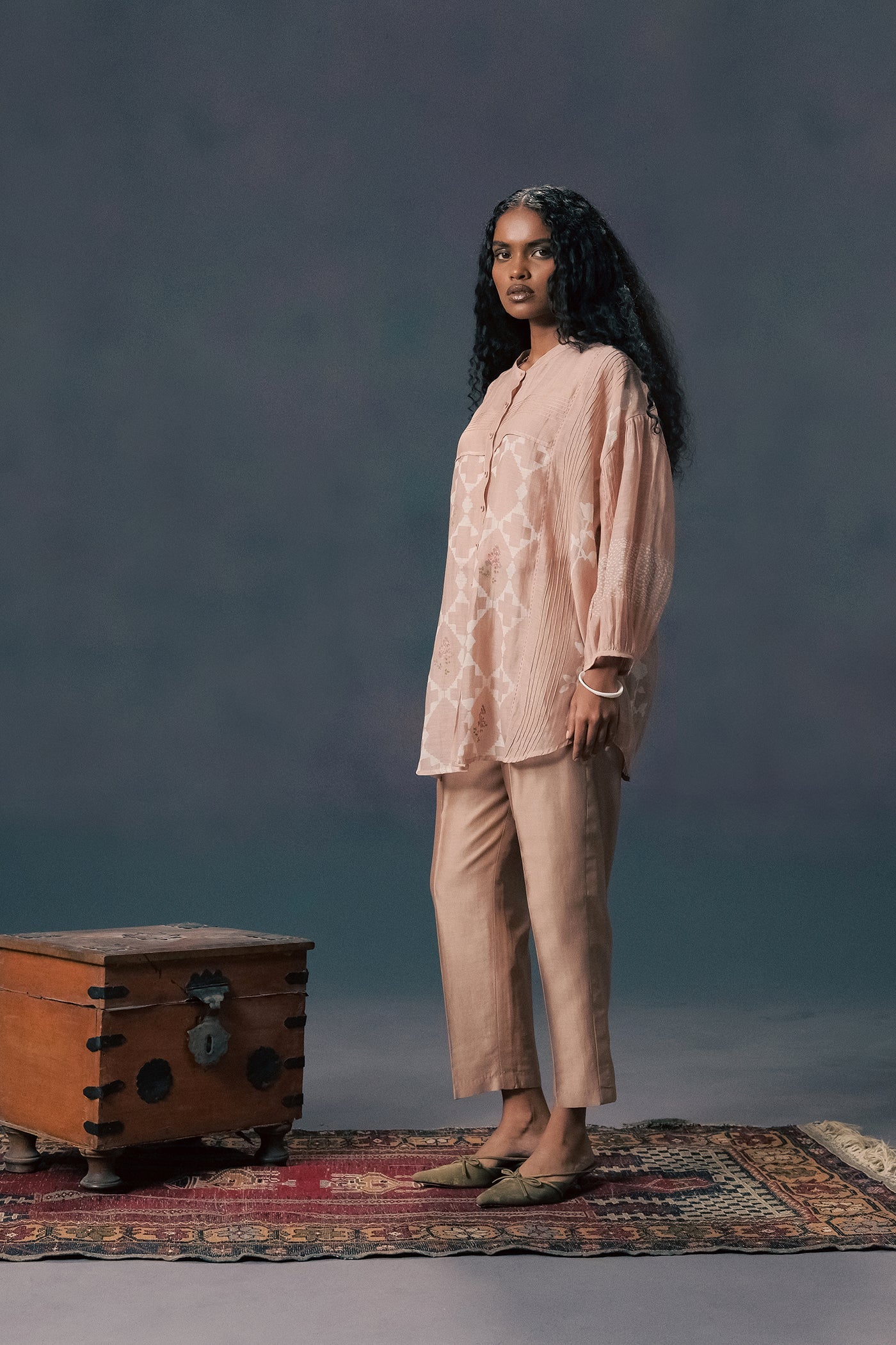 Elegant Mocha Mousse Mul Chanderi Pin Tuck Shirt & Silk Chanderi Pants Set