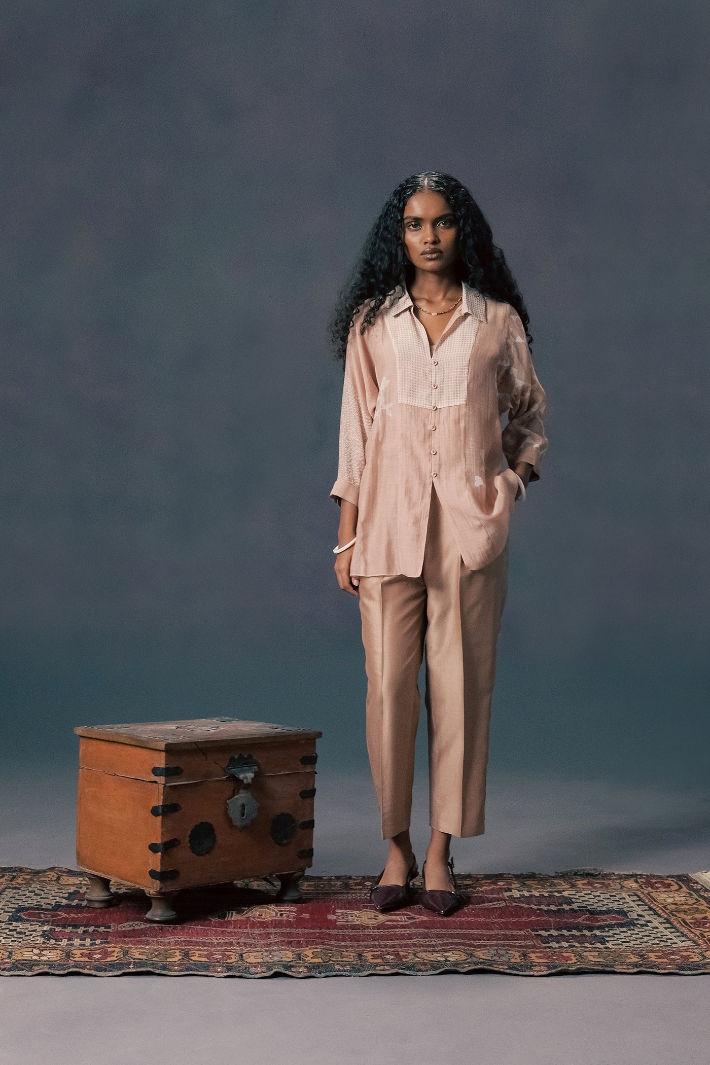 Mocha Mousse Discharge Print Mul Chanderi Shirt Silk Chanderi Pants Set