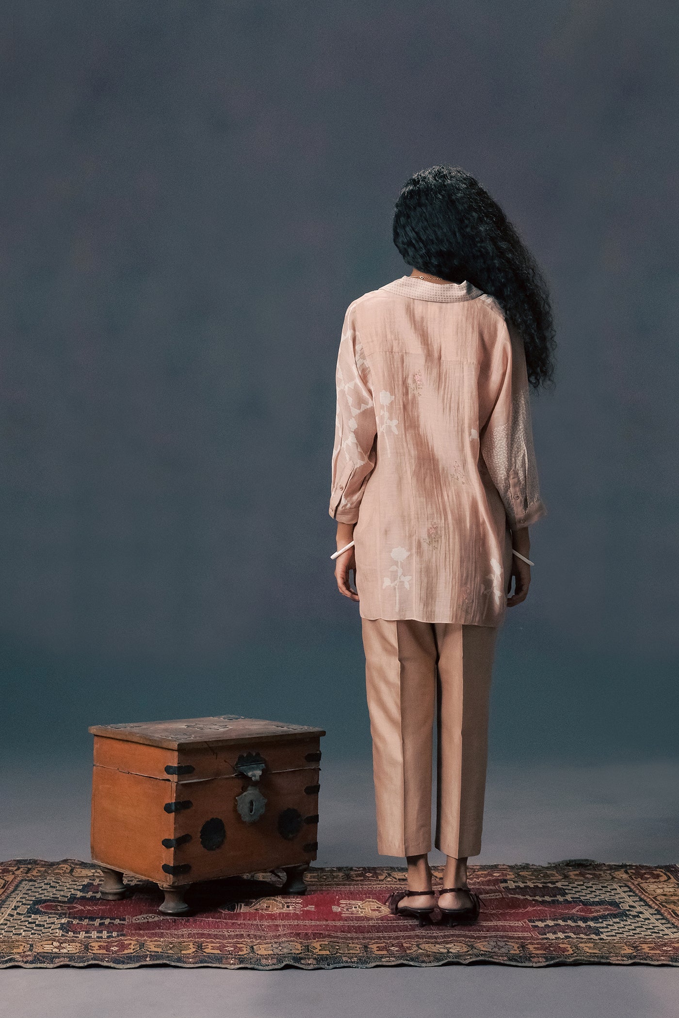 Mocha Mousse Discharge Print Mul Chanderi Shirt Silk Chanderi Pants Set