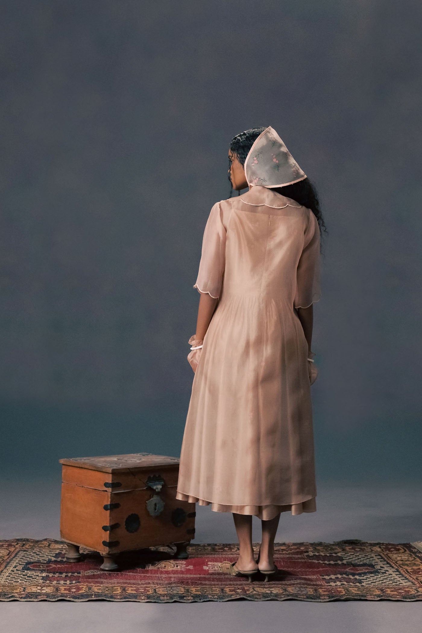 Mocha Mousse Scalloped Organza Jacket & Rose Print Silk Chanderi Dress