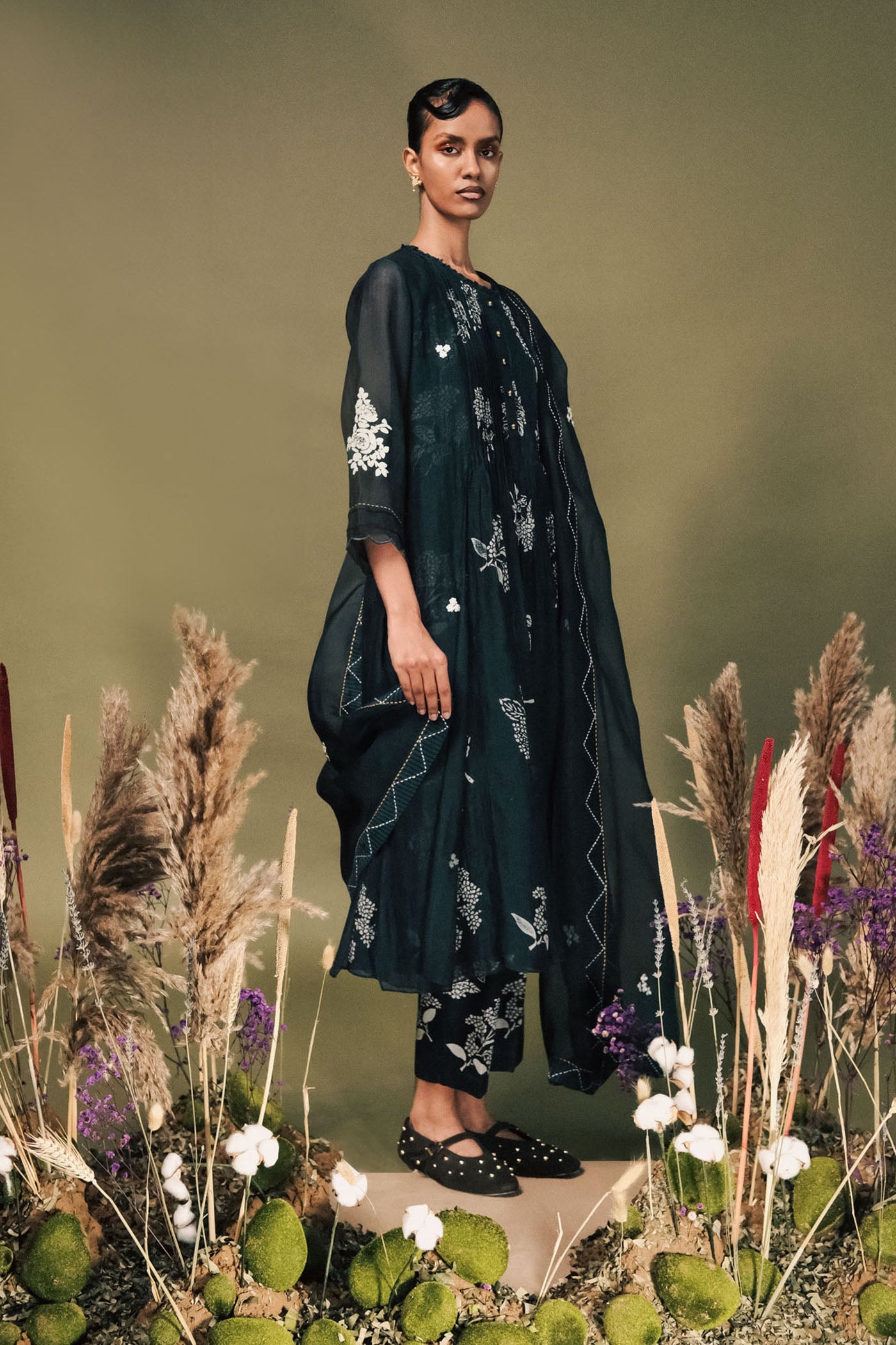 Stylish Indigo Chanderi Tunic Set: Pleated, Embroidered, Discharge Print, Comfortable