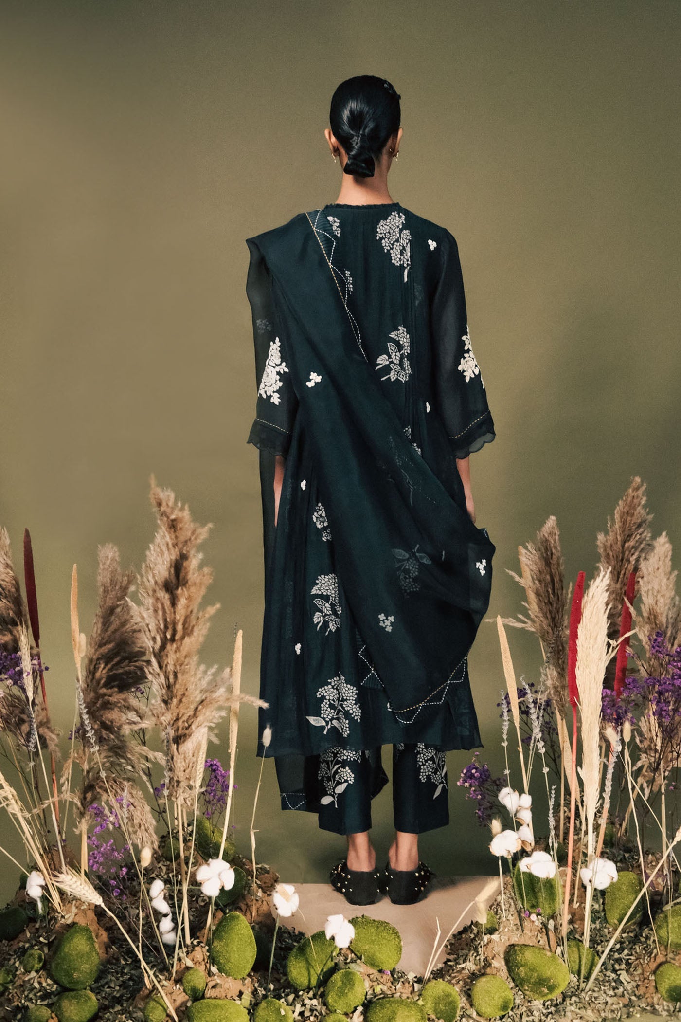 Stylish Indigo Chanderi Tunic Set: Pleated, Embroidered, Discharge Print, Comfortable