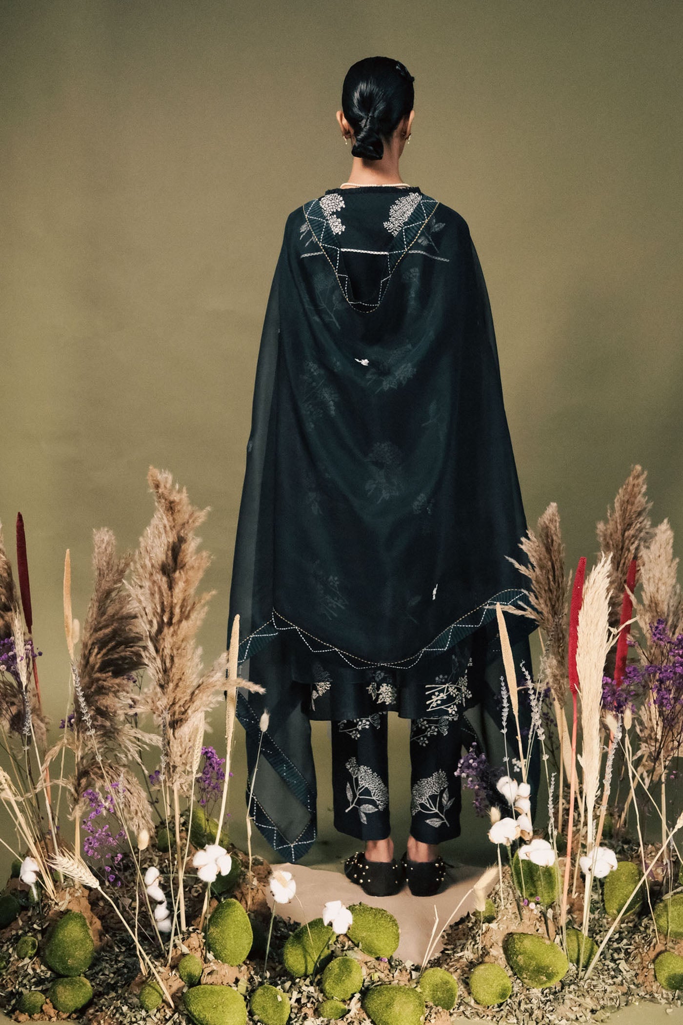 Elegant Indigo Discharge Print Silk Chanderi Tunic Set with Intricate Sleeve Embroidery