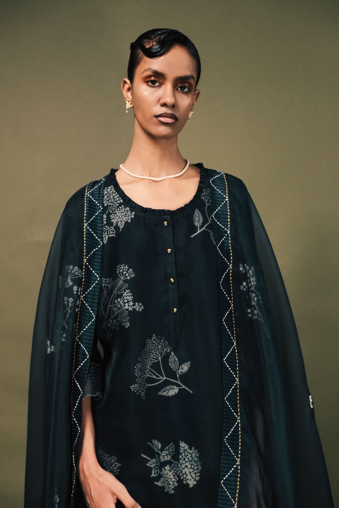 Elegant Indigo Discharge Print Silk Chanderi Tunic Set with Intricate Sleeve Embroidery