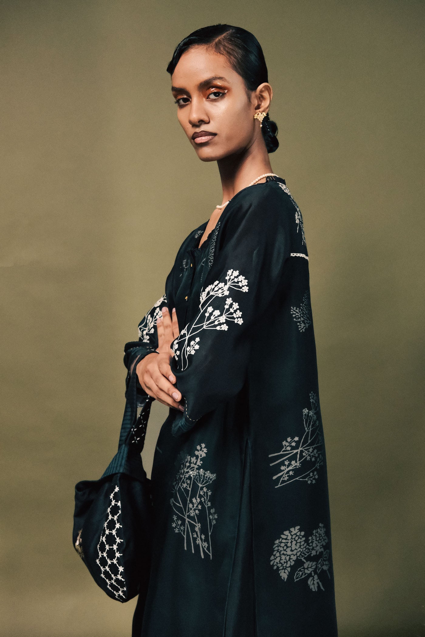 Elegant Indigo Discharge Print Silk Chanderi Tunic Set with Intricate Sleeve Embroidery