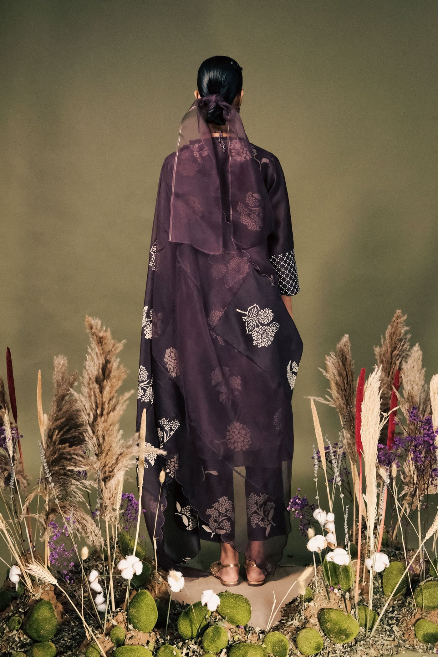Exquisite Lavender Silk Tunic Set: Double Layer, Embroidered Sleeves, Discharge Print