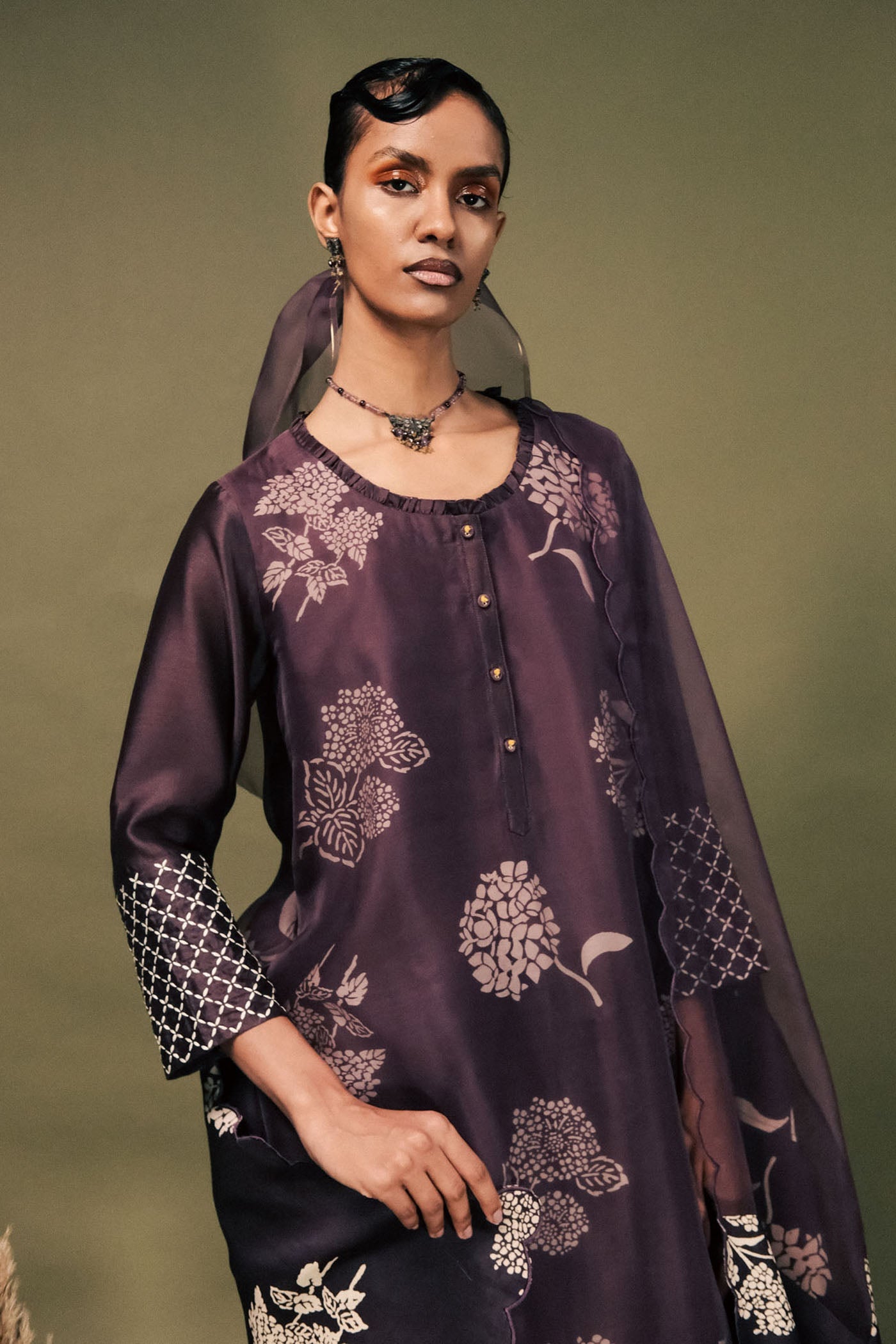 Exquisite Lavender Silk Tunic Set: Double Layer, Embroidered Sleeves, Discharge Print