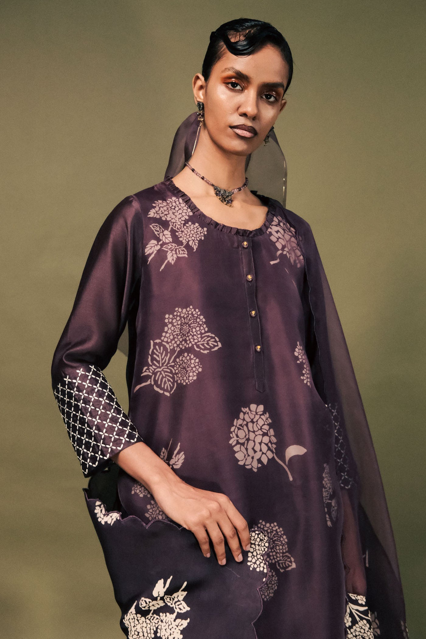 Exquisite Lavender Silk Tunic Set: Double Layer, Embroidered Sleeves, Discharge Print