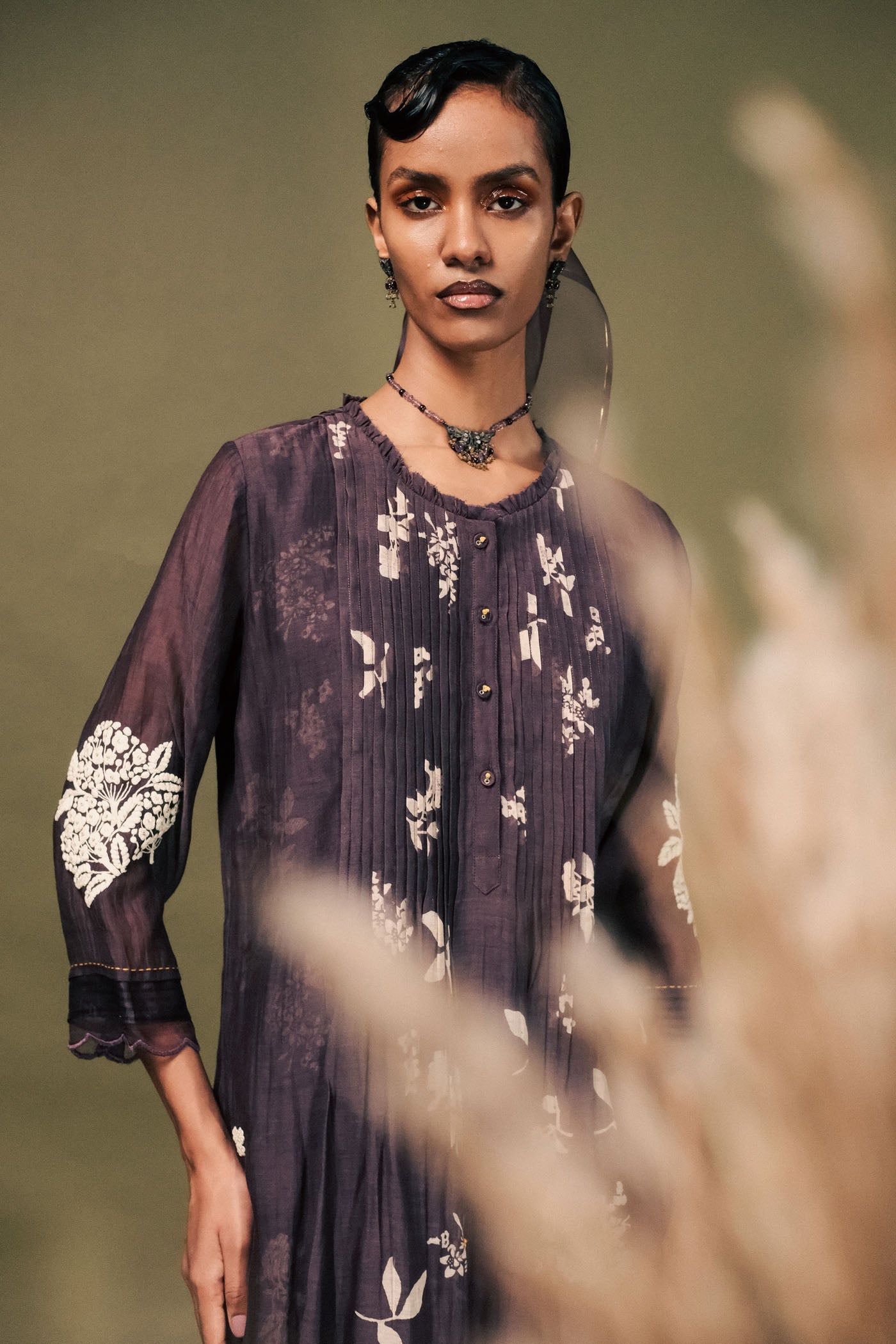 Elegant Lavender Mul Chanderi Pleated Tunic Set with Embroidered Sleeves & Print