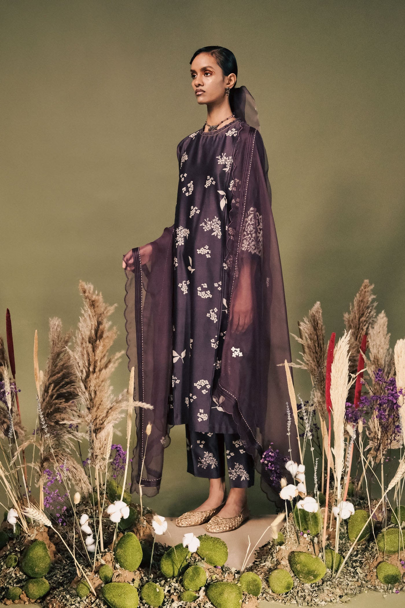 Elegant Lavender Silk Chanderi Tunic Set with Organza Dupatta, Pleated Design