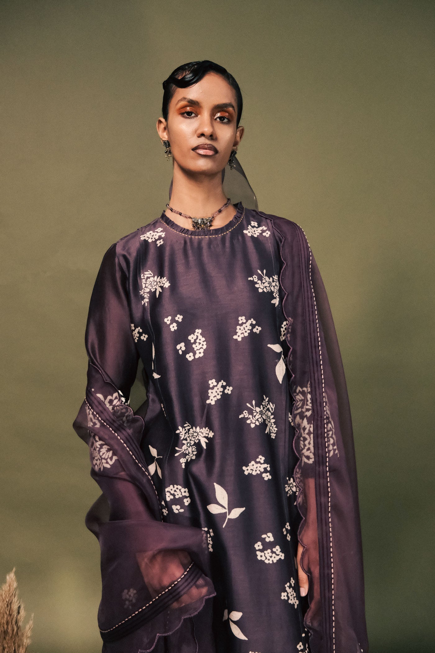 Elegant Lavender Silk Chanderi Tunic Set with Organza Dupatta, Pleated Design