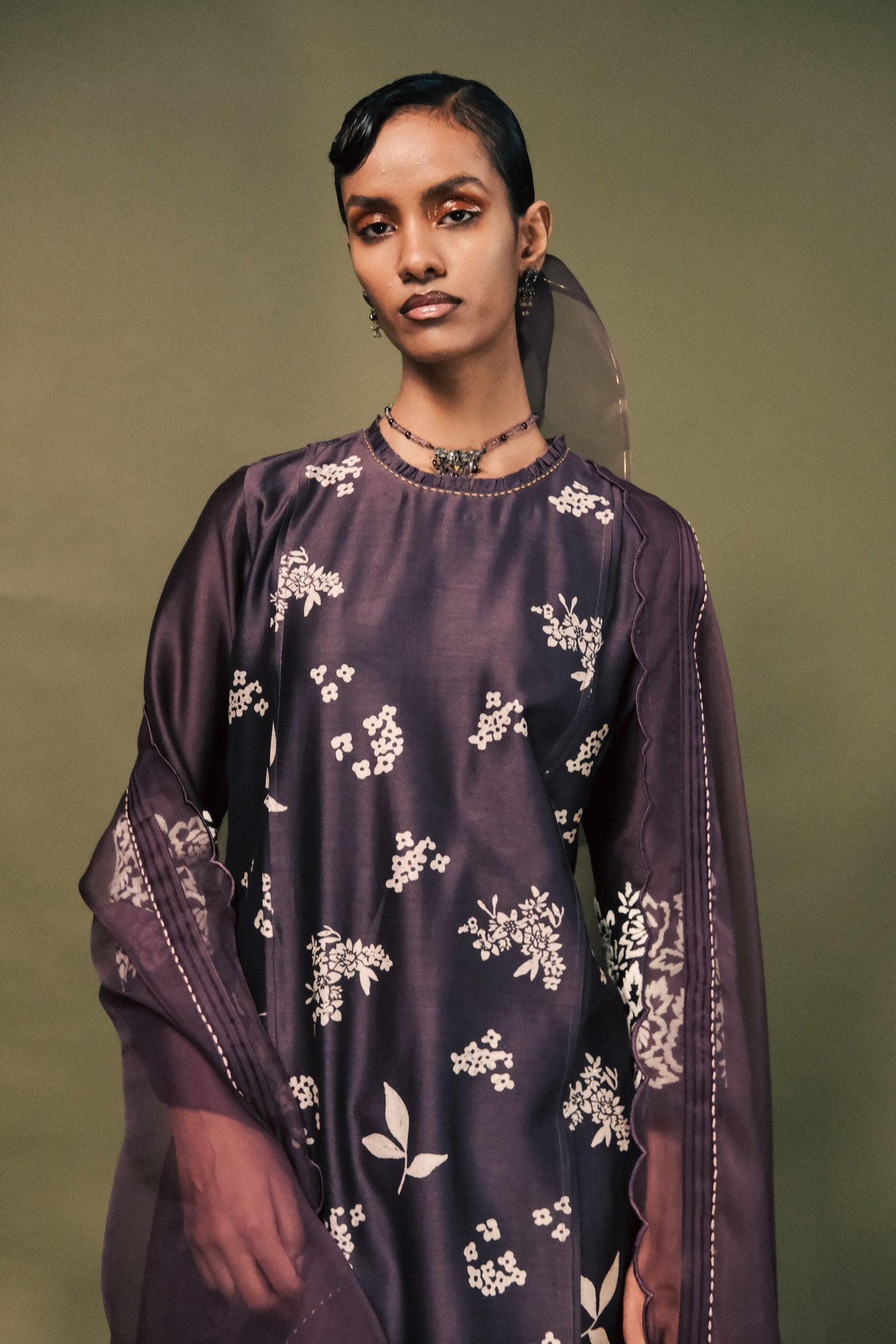 Elegant Lavender Silk Chanderi Tunic Set with Organza Dupatta, Pleated Design