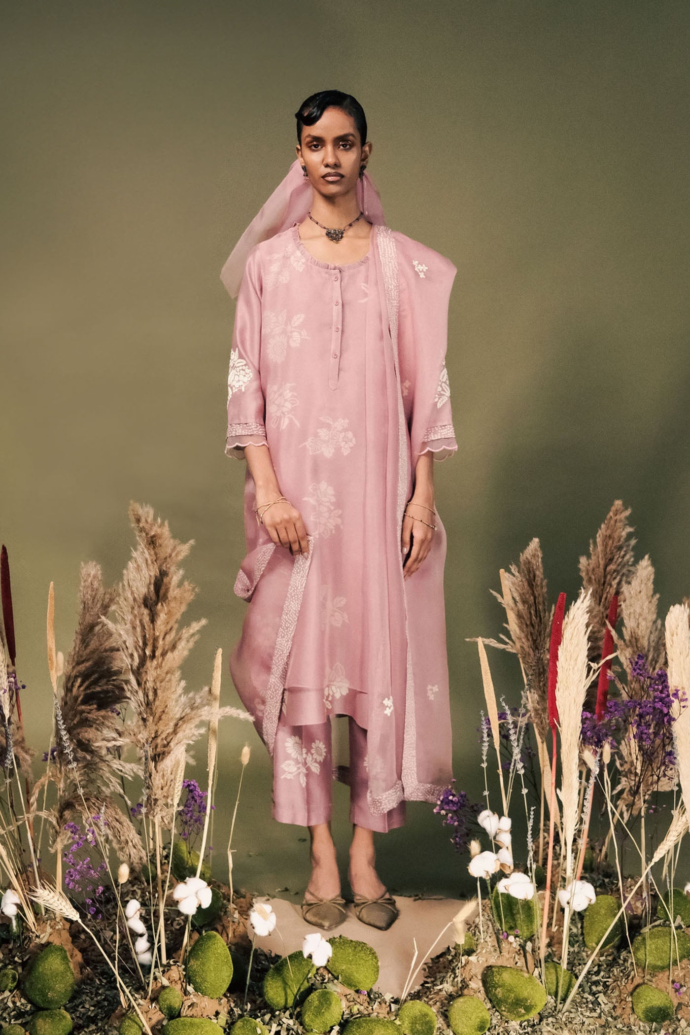 Elegant Lilac Silk Chanderi Tunic Set with Dori Embroidery Organza Dupatta