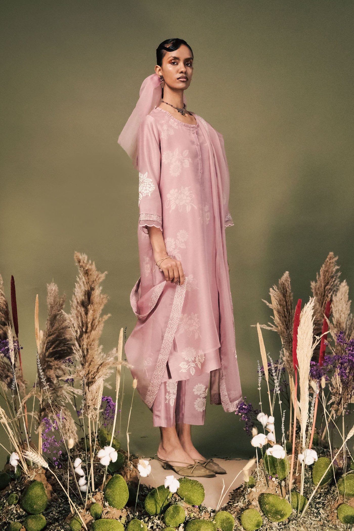 Elegant Lilac Silk Chanderi Tunic Set with Dori Embroidery Organza Dupatta