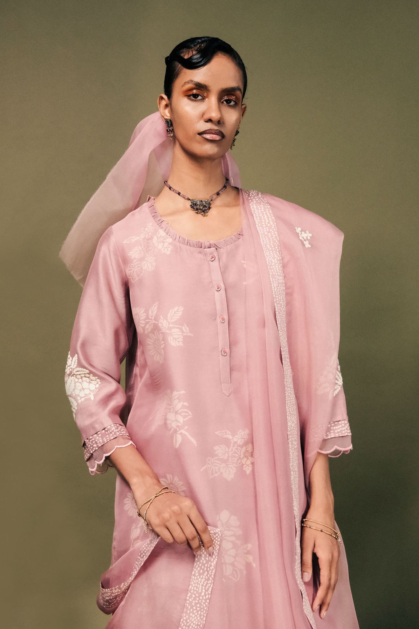 Elegant Lilac Silk Chanderi Tunic Set with Dori Embroidery Organza Dupatta