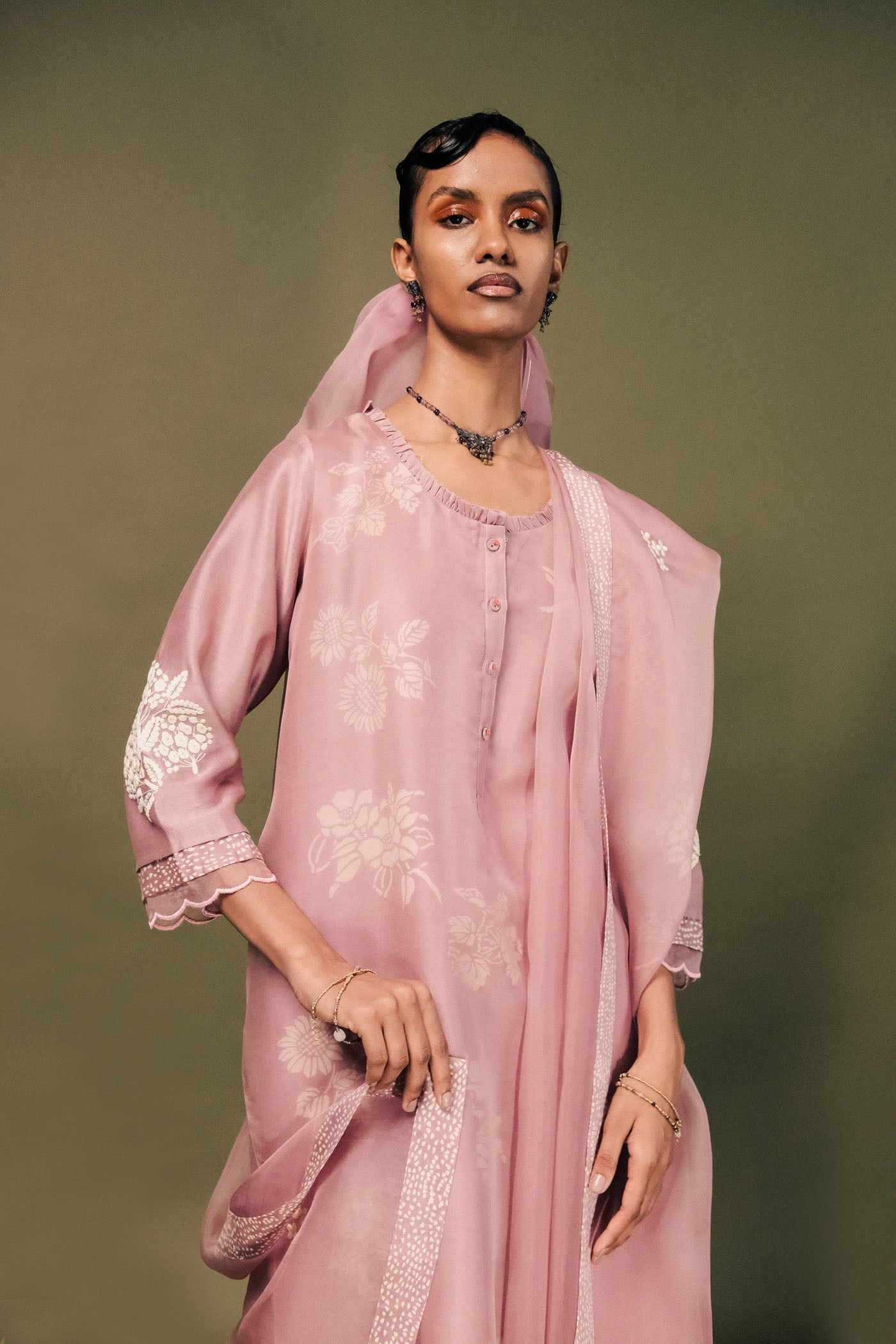 Elegant Lilac Silk Chanderi Tunic Set with Dori Embroidery Organza Dupatta