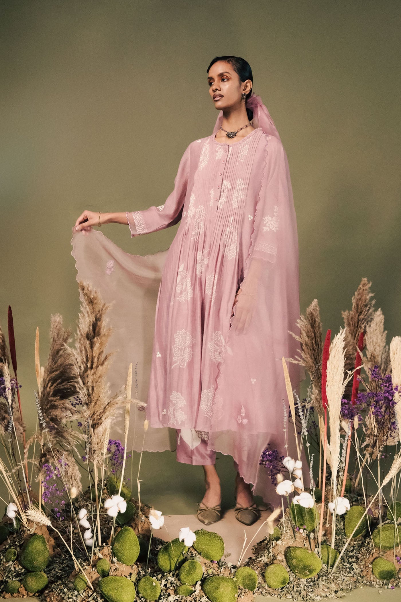 Elegant Lilac Mul Chanderi Pleated Tunic Set, Embroidered Sleeves, Organza Dupatta