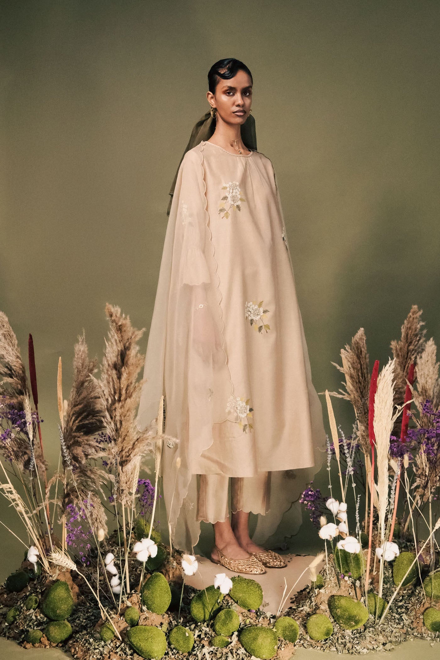 Elegant Beige Embroidered Silk Chanderi Tunic Set with Scalloped Organza Dupatta