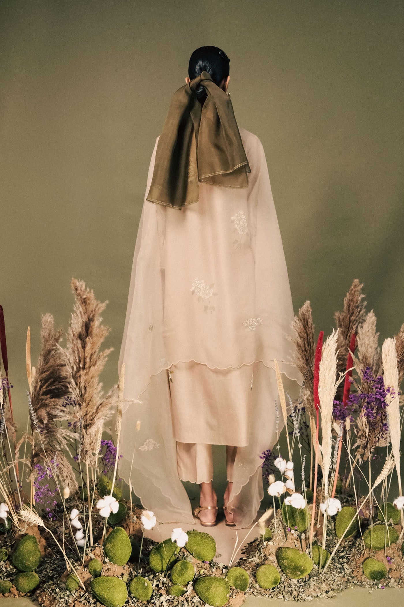 Elegant Beige Embroidered Silk Chanderi Tunic Set with Scalloped Organza Dupatta