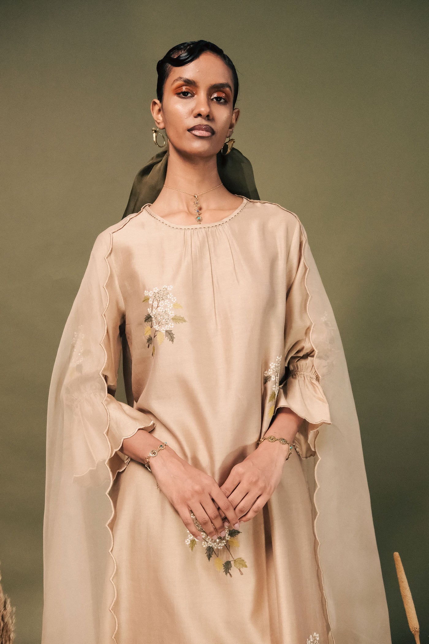 Elegant Beige Embroidered Silk Chanderi Tunic Set with Scalloped Organza Dupatta