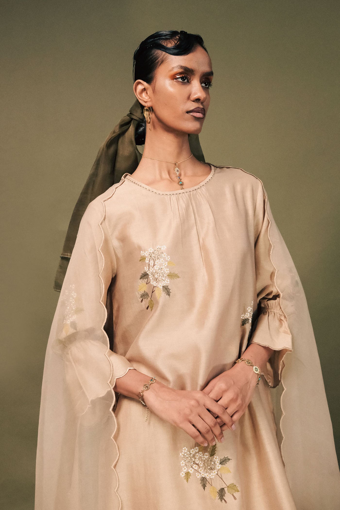 Elegant Beige Embroidered Silk Chanderi Tunic Set with Scalloped Organza Dupatta