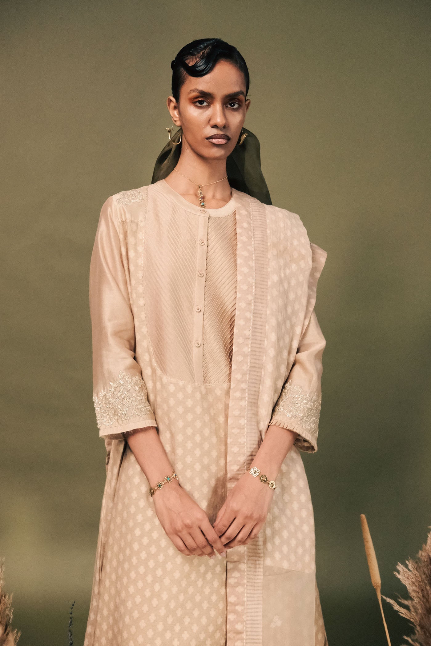 Elegant Beige Brocade Tunic Set: Gota Patti Embroidery, Silk Chanderi Fabric