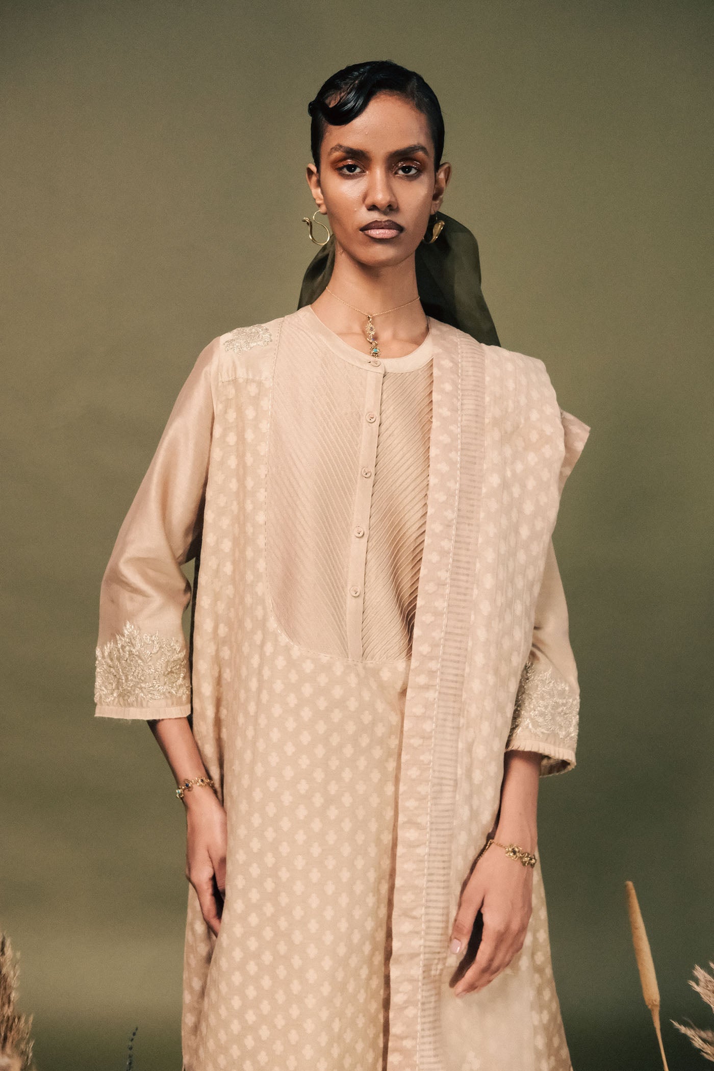 Elegant Beige Brocade Tunic Set: Gota Patti Embroidery, Silk Chanderi Fabric