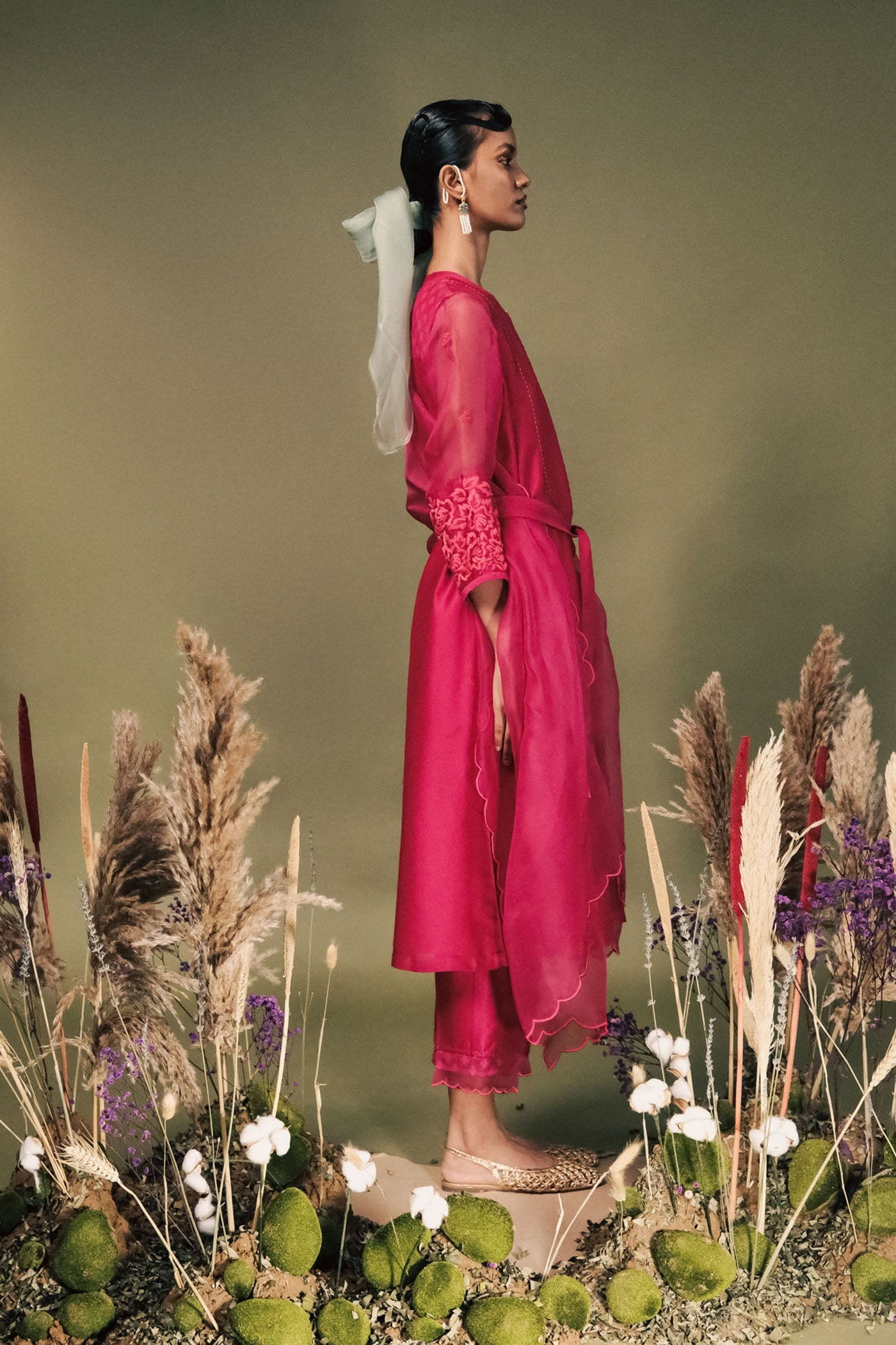 Luxurious Fuchsia Silk Chanderi Tunic Set with Dori Embroidery & Organza Dupatta