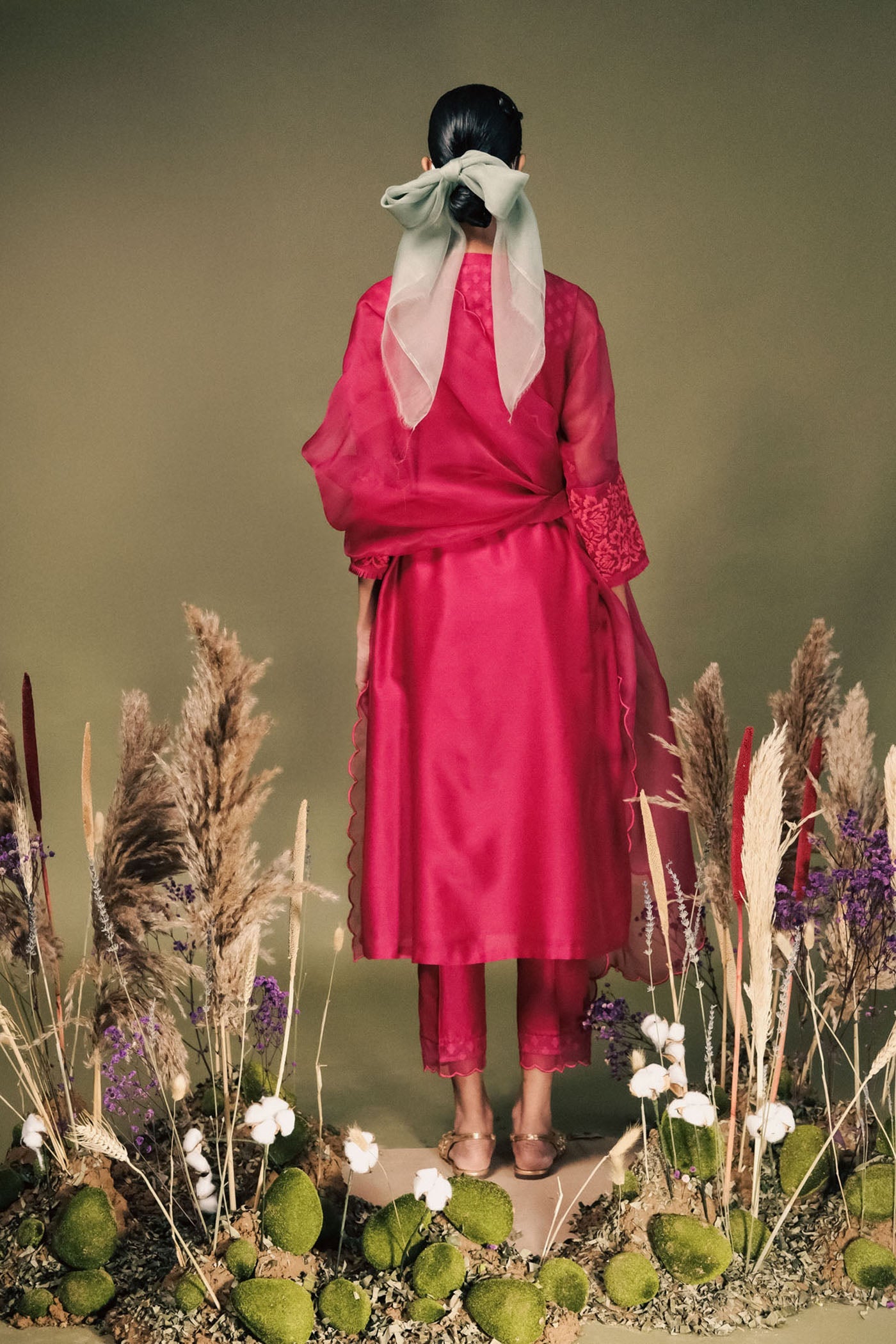 Luxurious Fuchsia Silk Chanderi Tunic Set with Dori Embroidery & Organza Dupatta