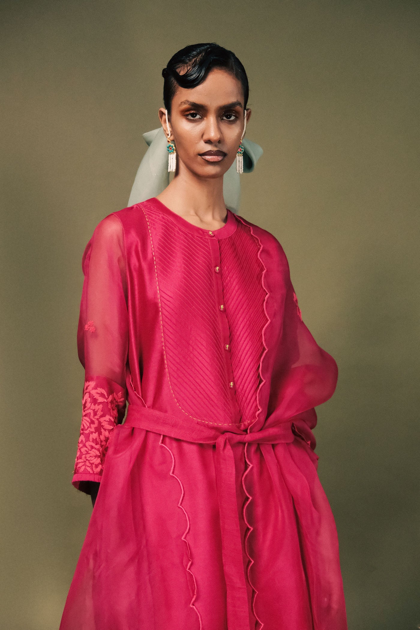 Luxurious Fuchsia Silk Chanderi Tunic Set with Dori Embroidery & Organza Dupatta