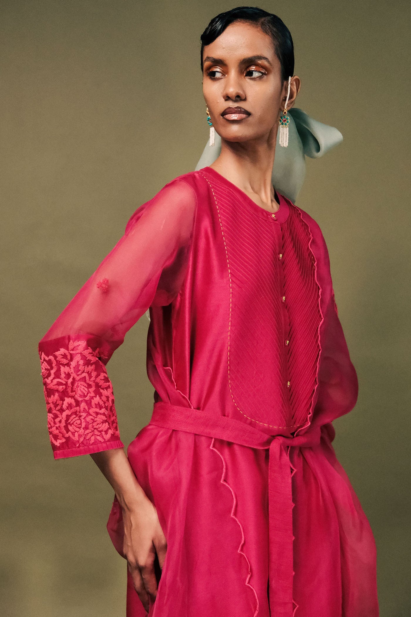 Luxurious Fuchsia Silk Chanderi Tunic Set with Dori Embroidery & Organza Dupatta