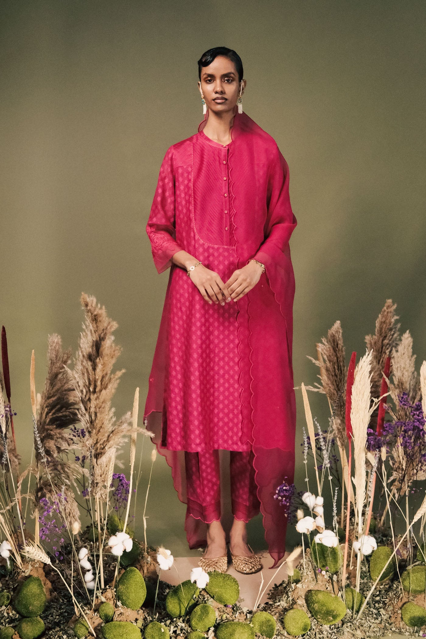 Luxurious Fuchsia Banarsi Brocade Tunic Set with Intricate Embroidered Sleeves