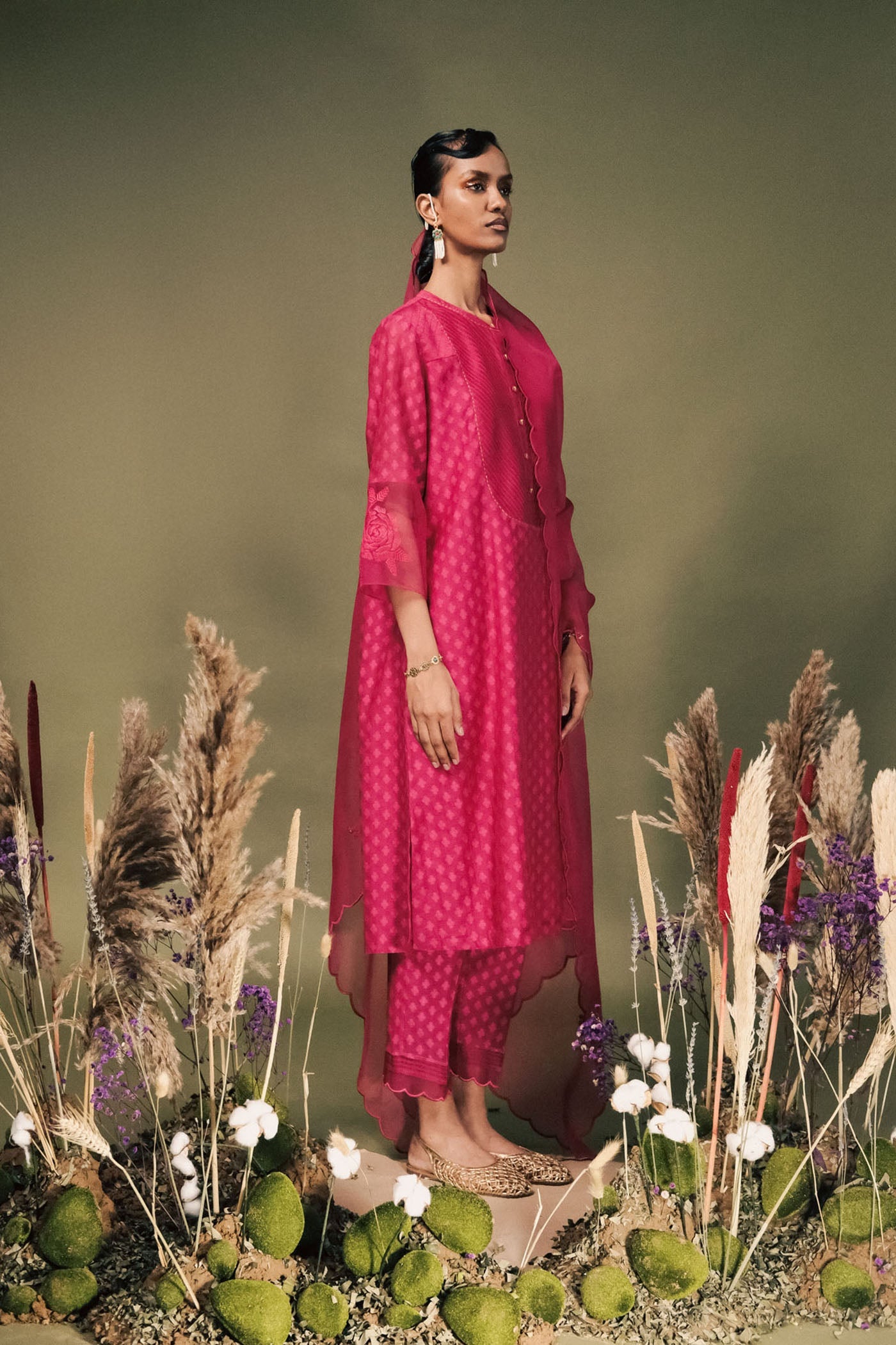 Luxurious Fuchsia Banarsi Brocade Tunic Set with Intricate Embroidered Sleeves