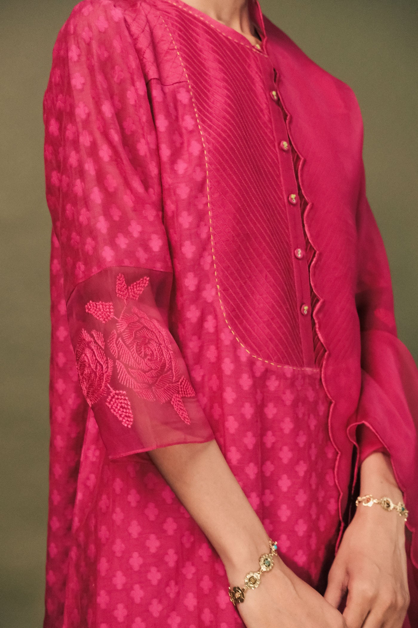 Luxurious Fuchsia Banarsi Brocade Tunic Set with Intricate Embroidered Sleeves