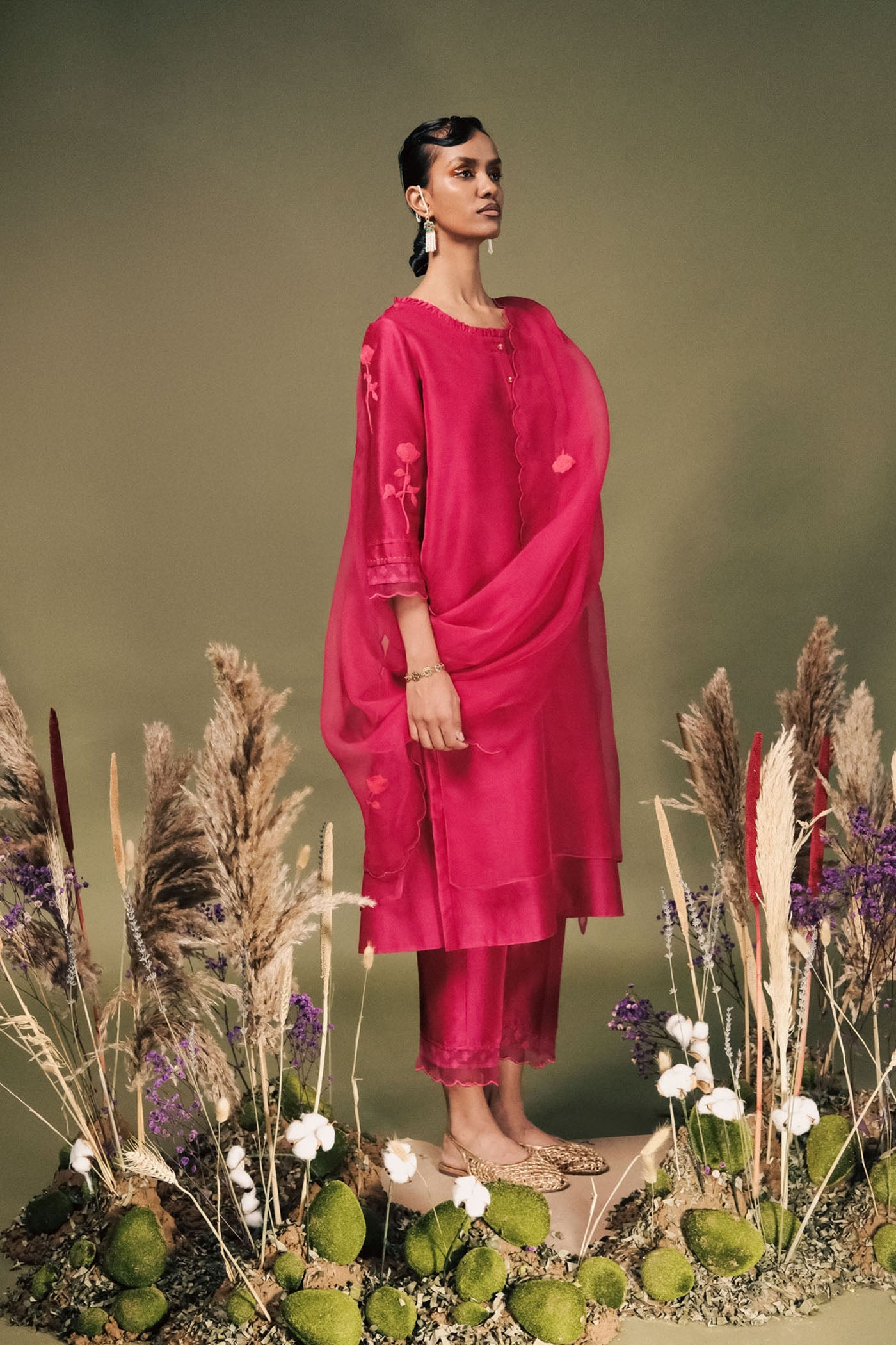 Radiant Fuchsia Silk Chanderi Tunic Set with Dori Embroidery & Organza Dupatta