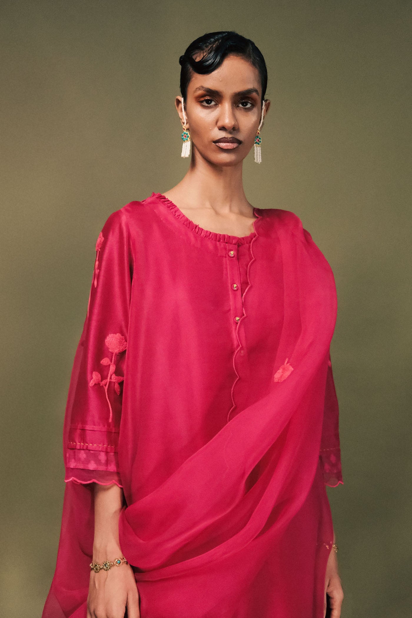 Radiant Fuchsia Silk Chanderi Tunic Set with Dori Embroidery & Organza Dupatta