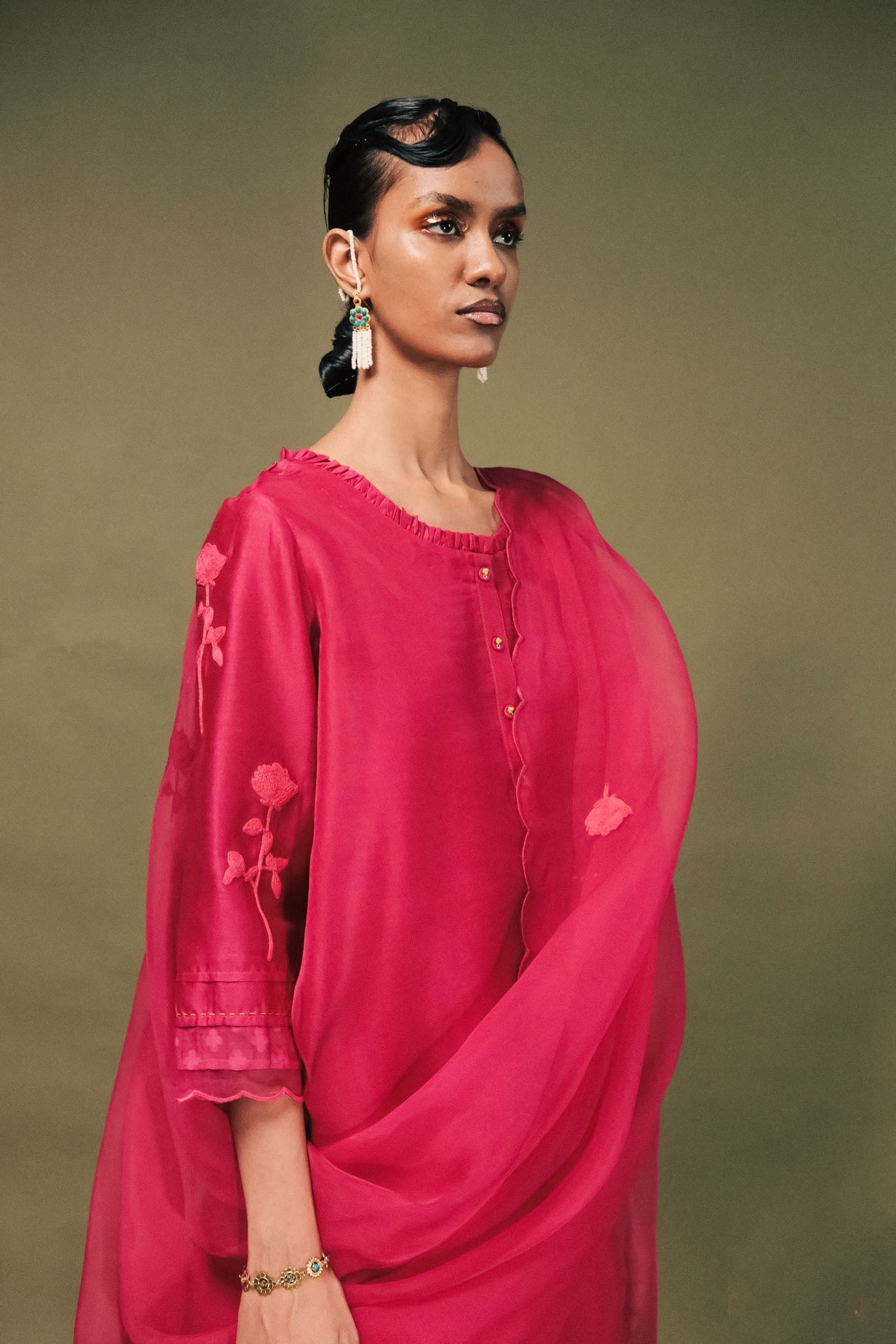 Radiant Fuchsia Silk Chanderi Tunic Set with Dori Embroidery & Organza Dupatta