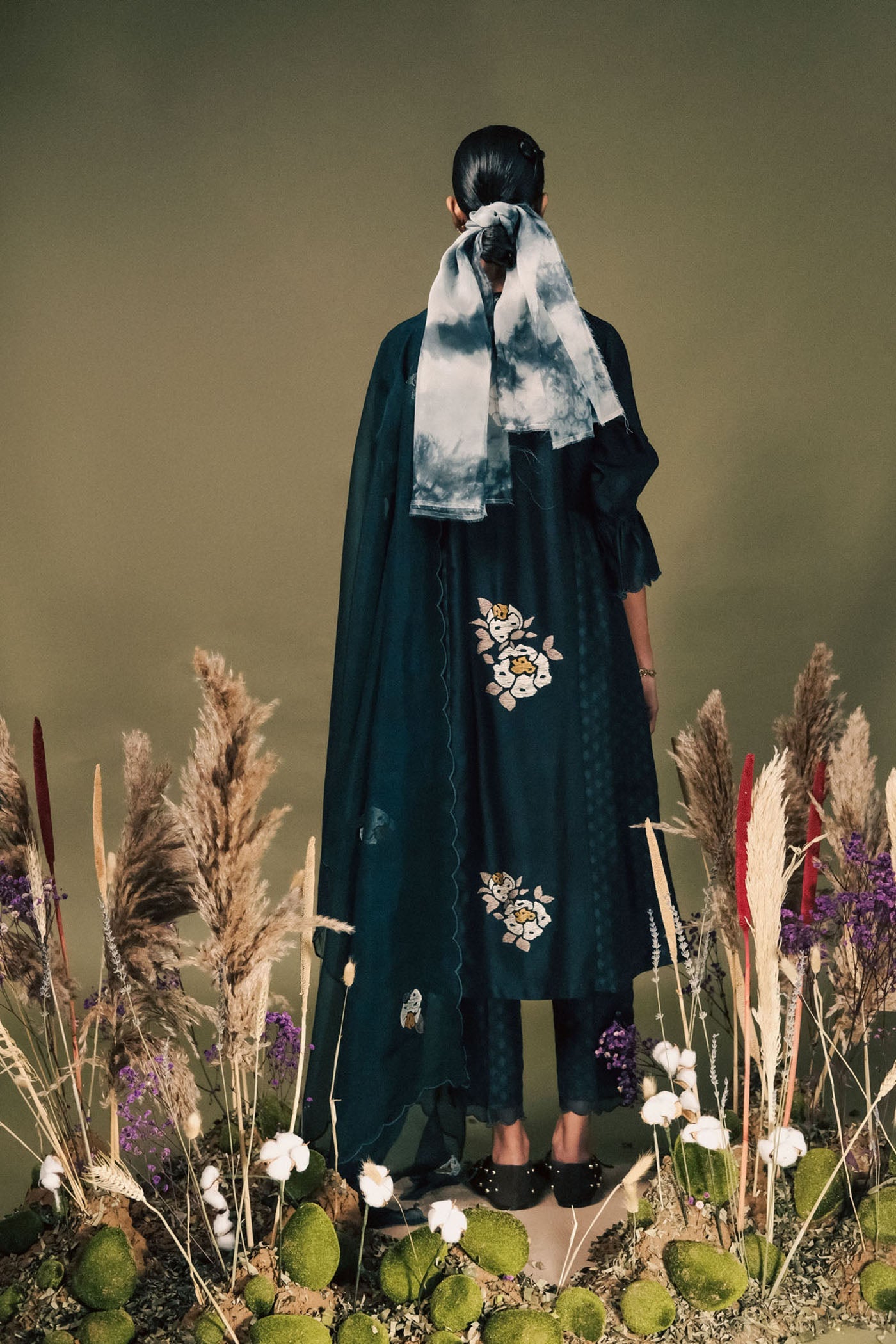 Luxurious Indigo Embroidered Brocade Silk Chanderi Tunic Set with Dupatta