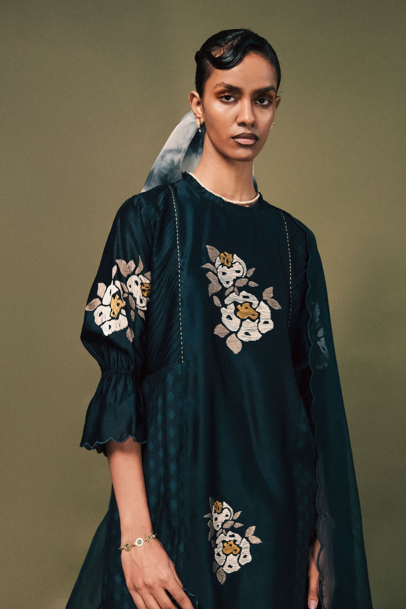 Luxurious Indigo Embroidered Brocade Silk Chanderi Tunic Set with Dupatta