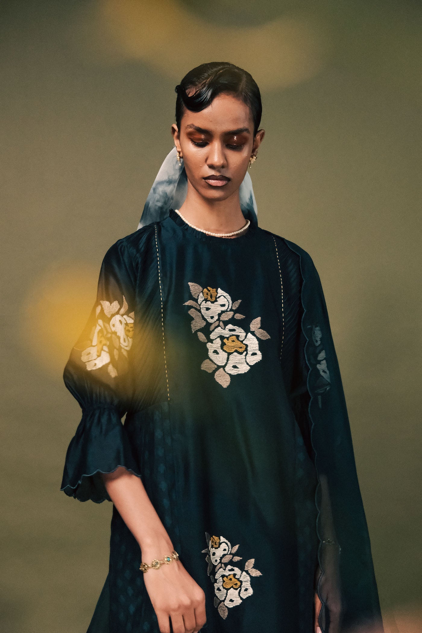 Luxurious Indigo Embroidered Brocade Silk Chanderi Tunic Set with Dupatta