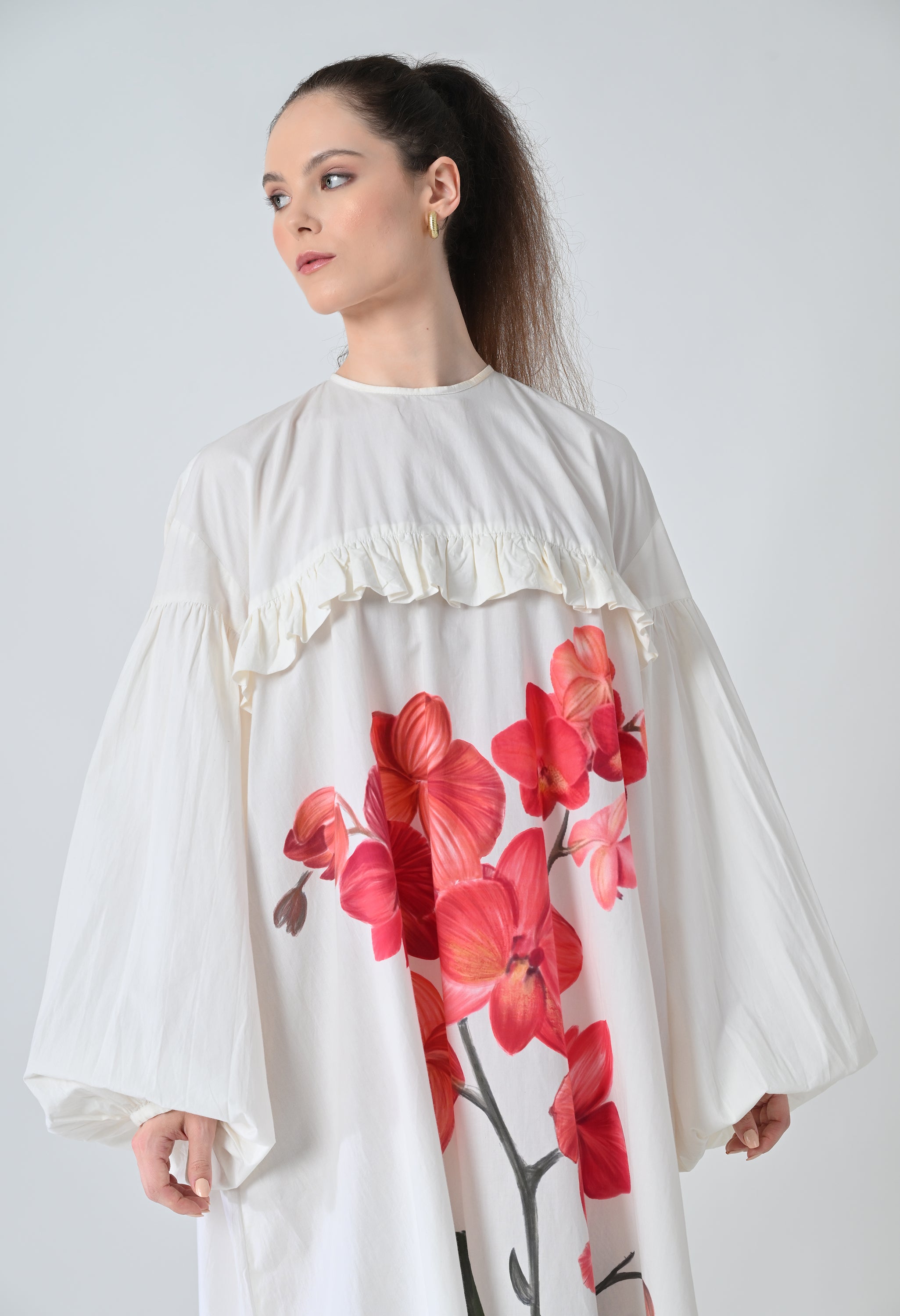 Ivory Orchid Printed Statement Shirt Dress