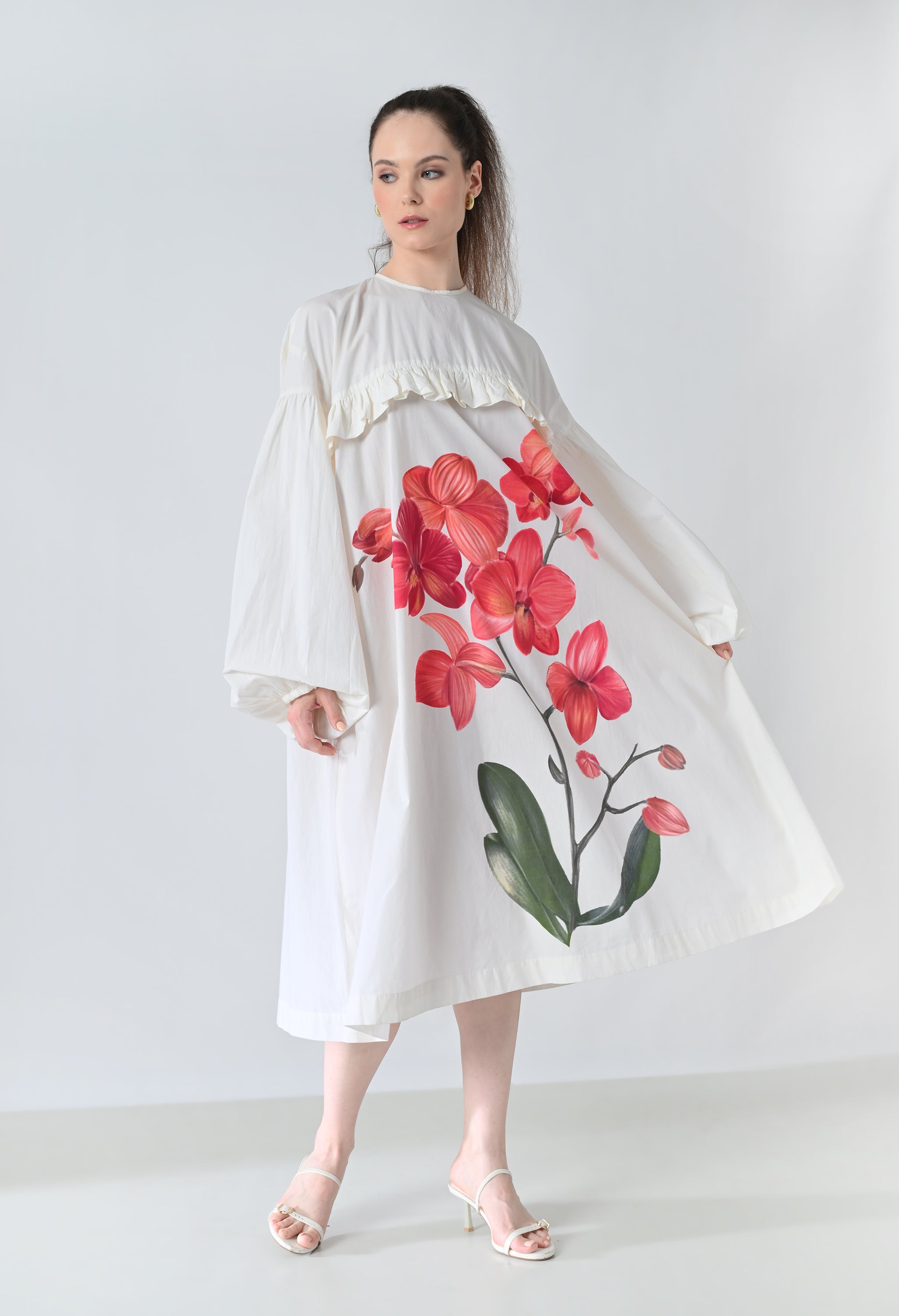 Ivory Orchid Printed Statement Shirt Dress