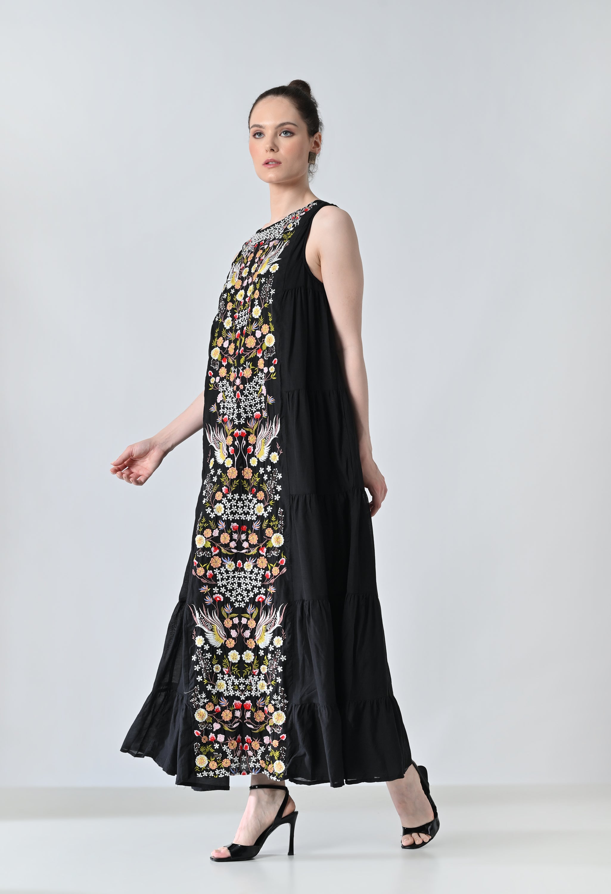 Black Embroidered Tiered Long Dress