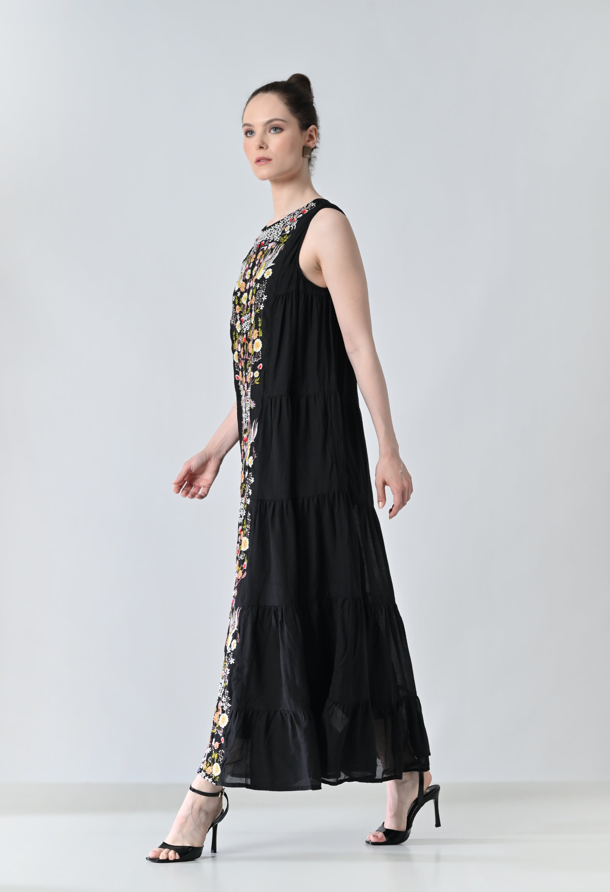 Black Embroidered Tiered Long Dress