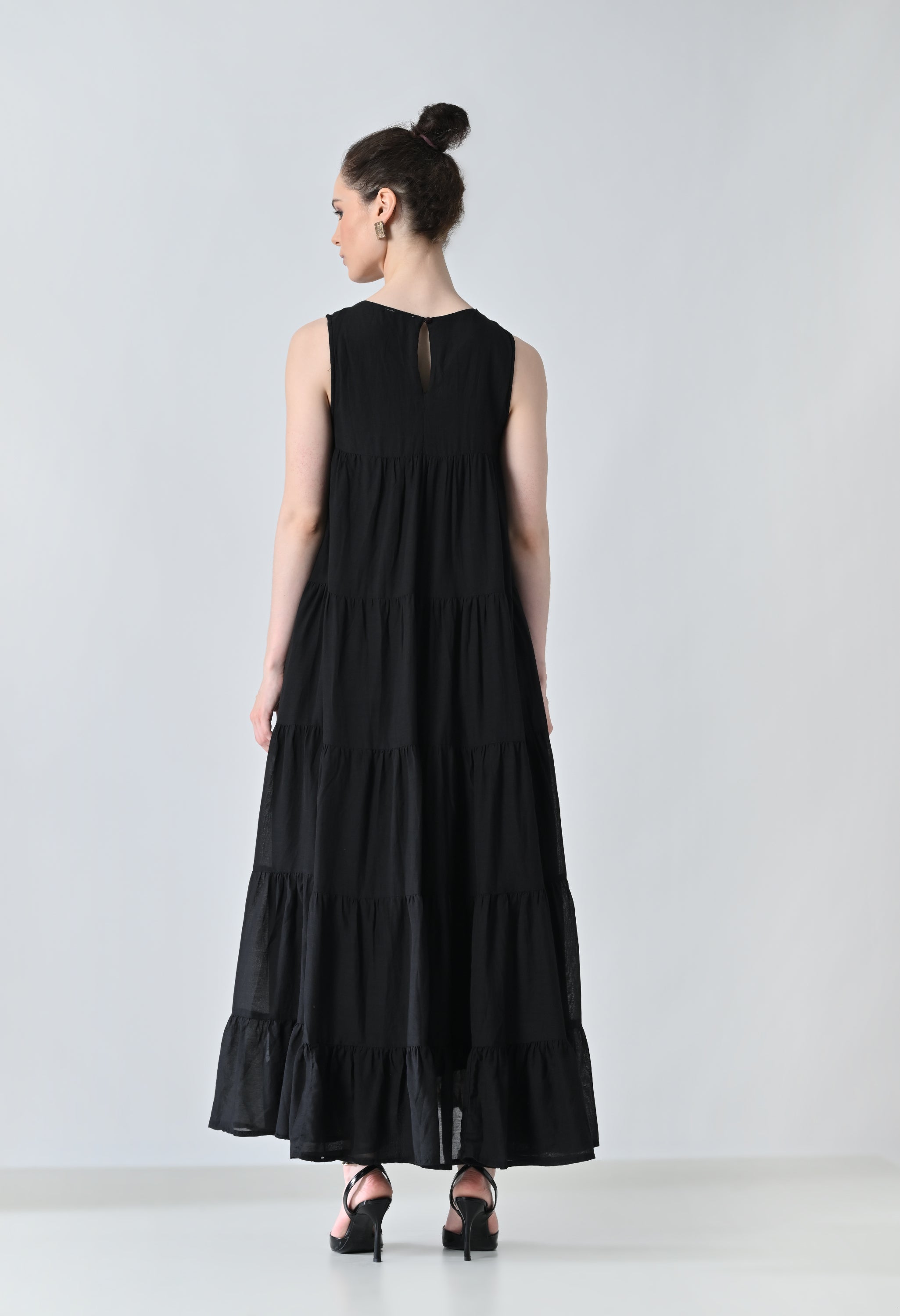 Black Embroidered Tiered Long Dress