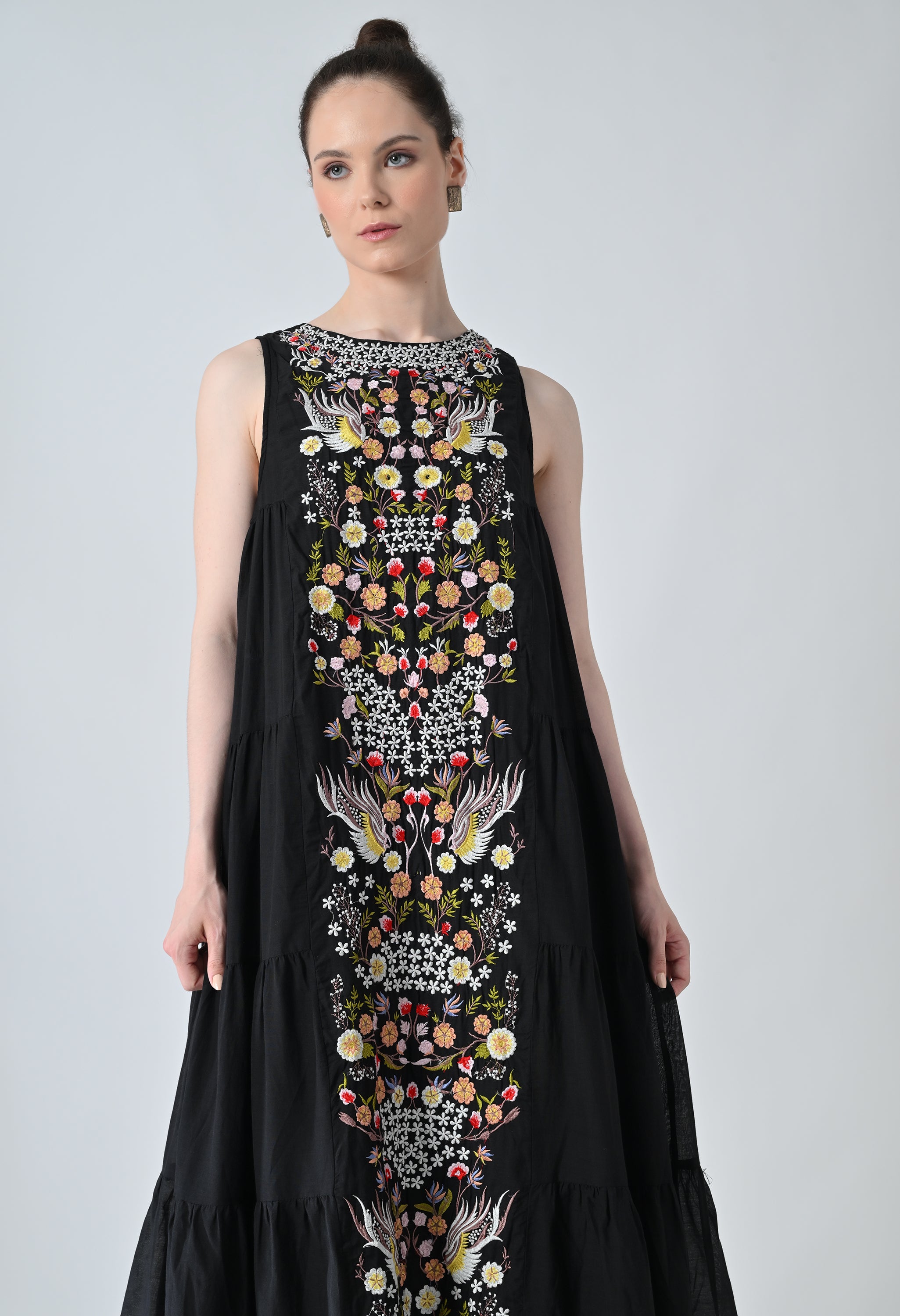 Black Embroidered Tiered Long Dress