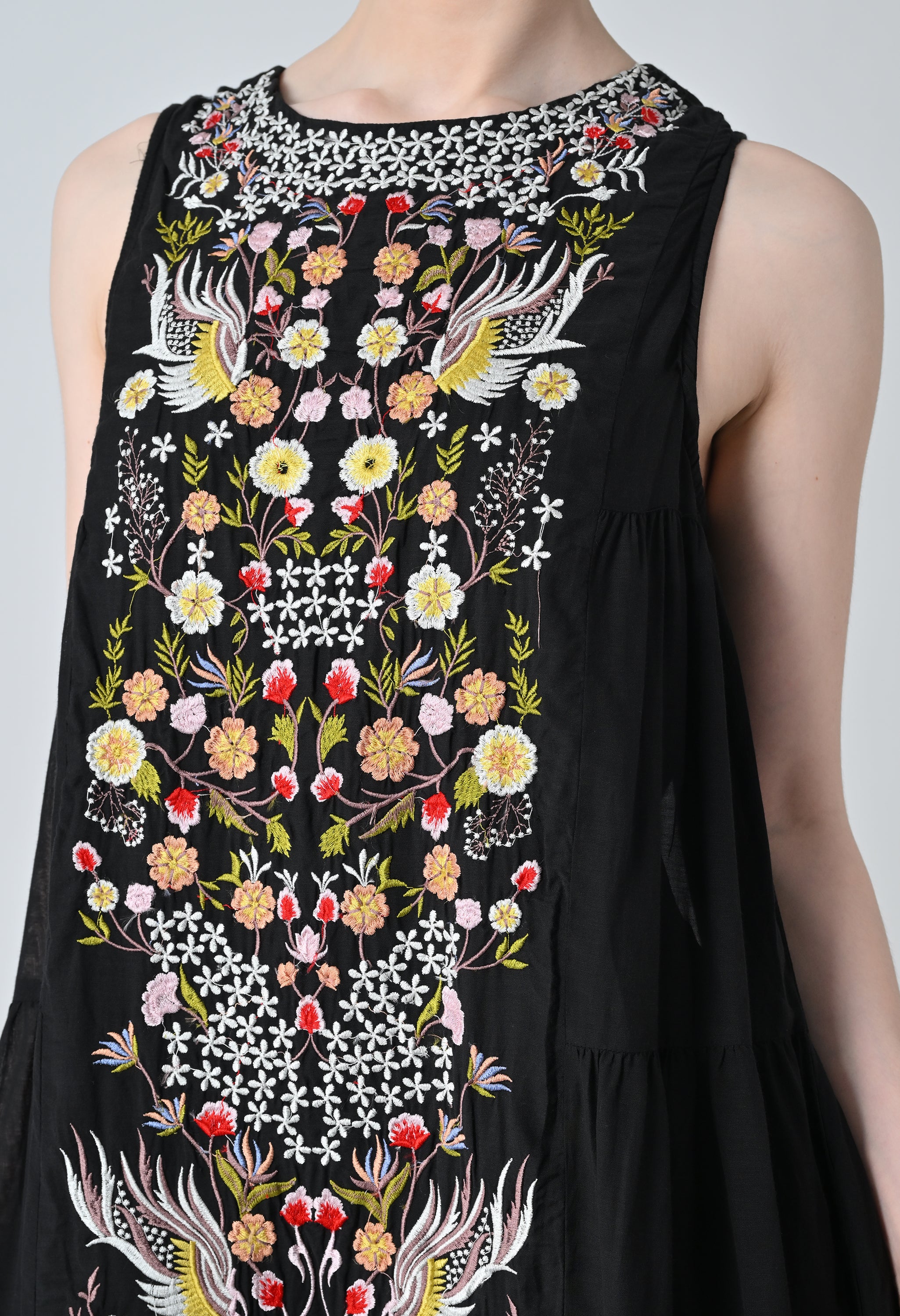 Black Embroidered Tiered Long Dress