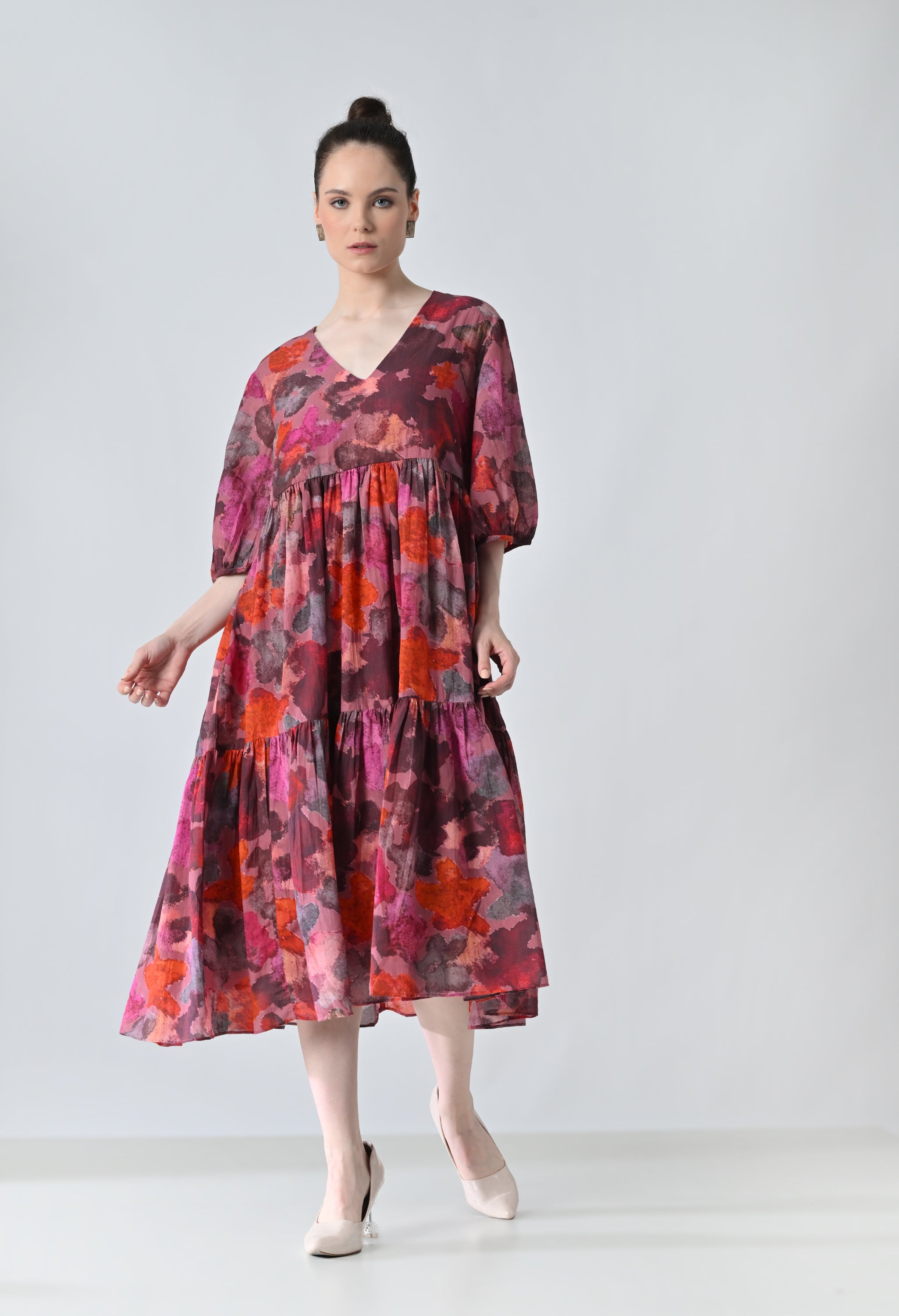 Crimson Red Bloom Multi Printed Tiered Dress
